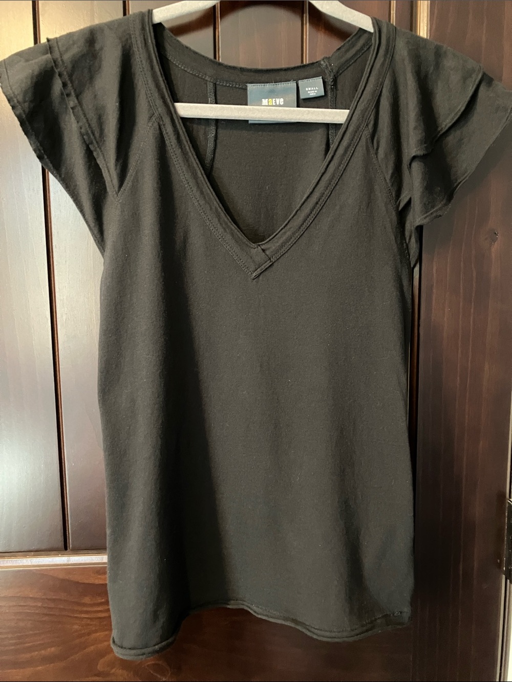 Maeve By Anthropologie Black V-Neck Flutter Sleeve Tee